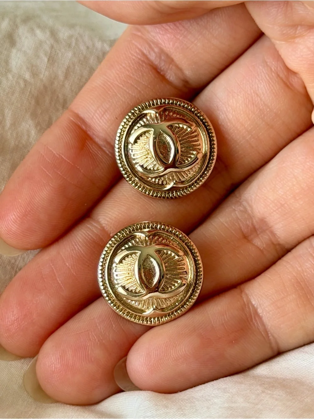 CHANEL Gold Round Interlocking CC Button Earrings
